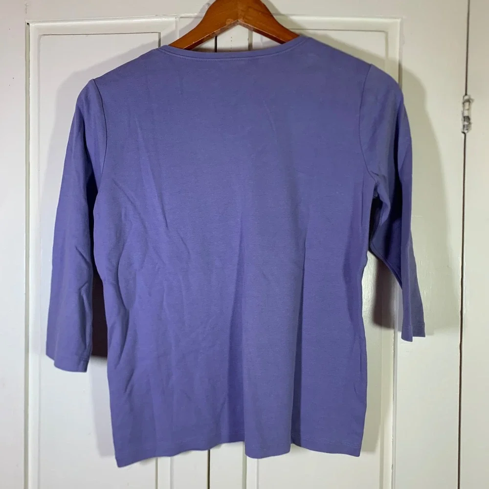 LL Bean Womens Small Purple V-Neck 3/4 Sleeve 100% Cotton Tee Shirt 244335